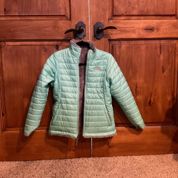 The North Face Reversible Puffer Sherpa Coat Mint green Gray SZ 14/16 large - Picture 2 of 5
